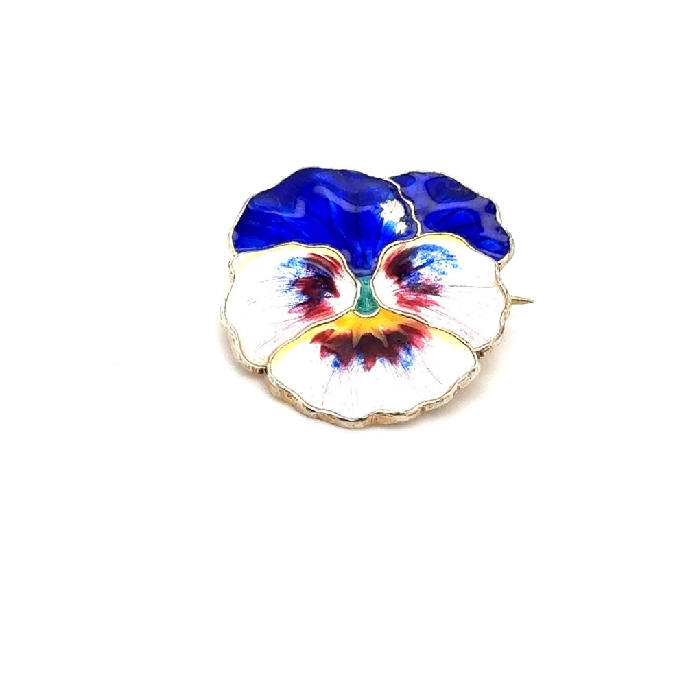 Vintage Sterling Silver Guilloche Enamel Pansy Brooch Pin Blue White 925 5.7g